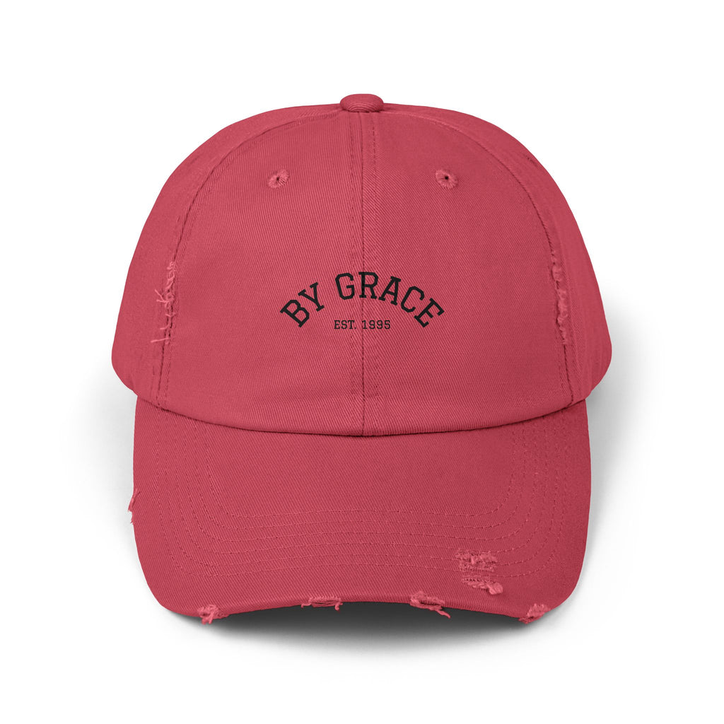 Distressed Baseball Cap — "By Grace" Embroidered Vintage Hat