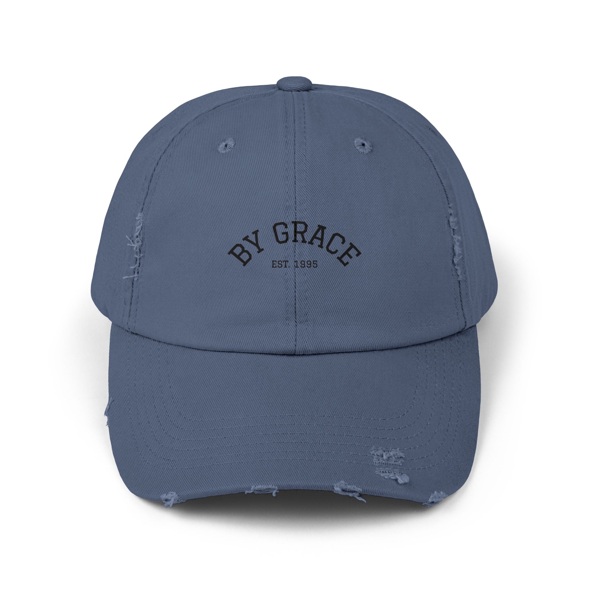 Distressed Baseball Cap — "By Grace" Embroidered Vintage Hat