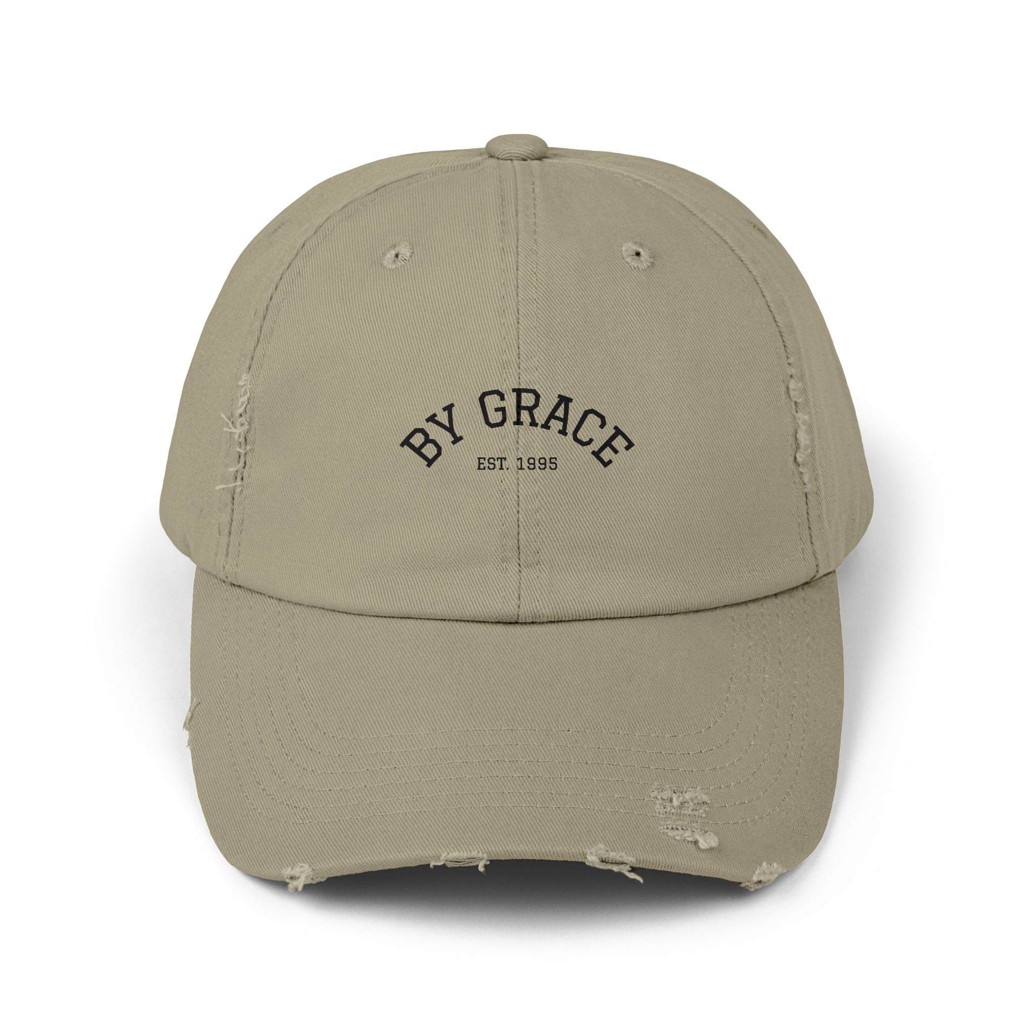 Distressed Baseball Cap — "By Grace" Embroidered Vintage Hat
