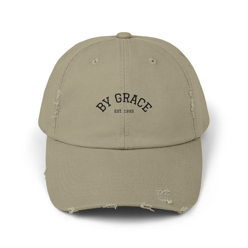 Distressed Baseball Cap — "By Grace" Embroidered Vintage Hat