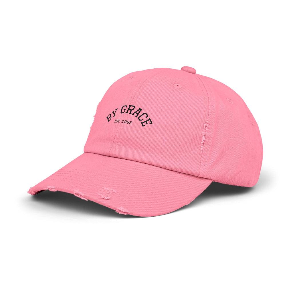 Distressed Baseball Cap — "By Grace" Embroidered Vintage Hat