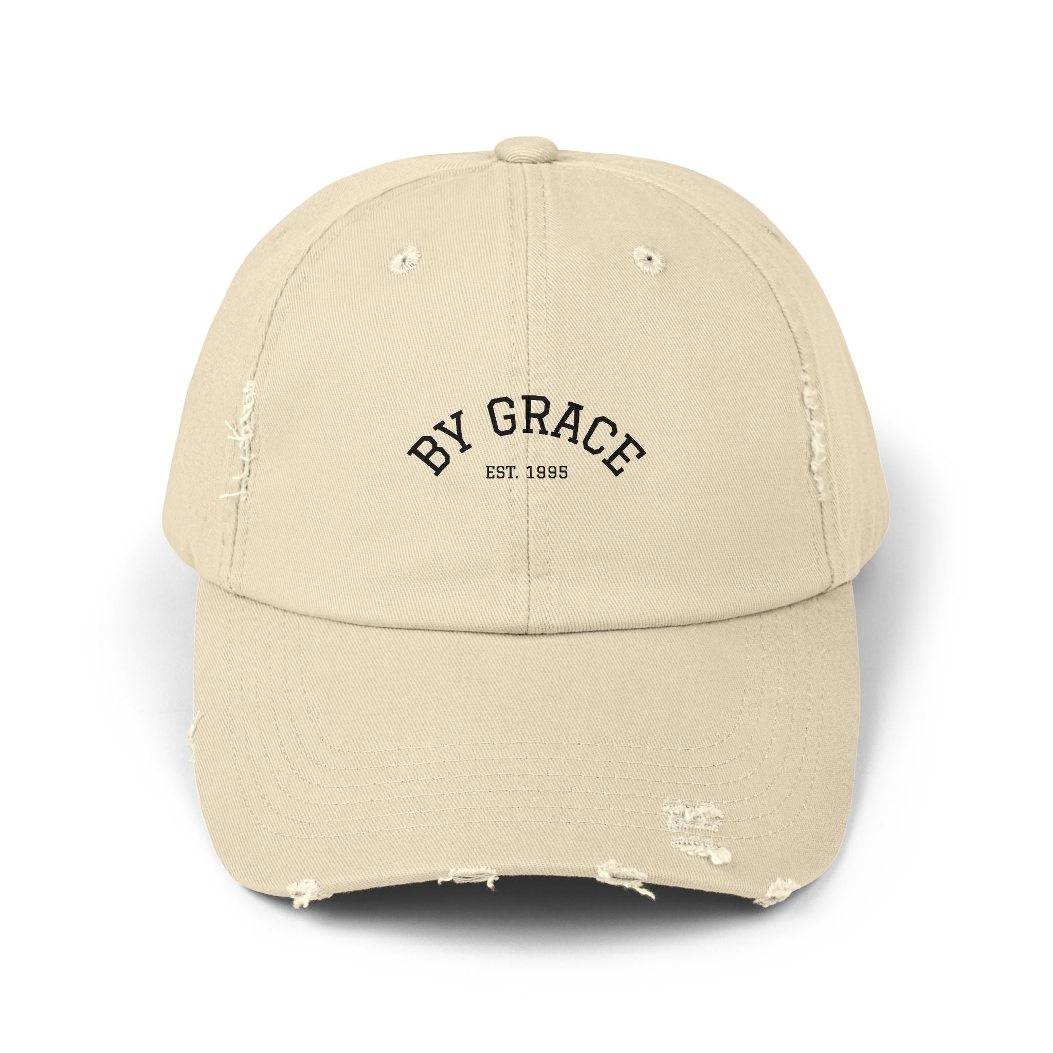 Distressed Baseball Cap — "By Grace" Embroidered Vintage Hat