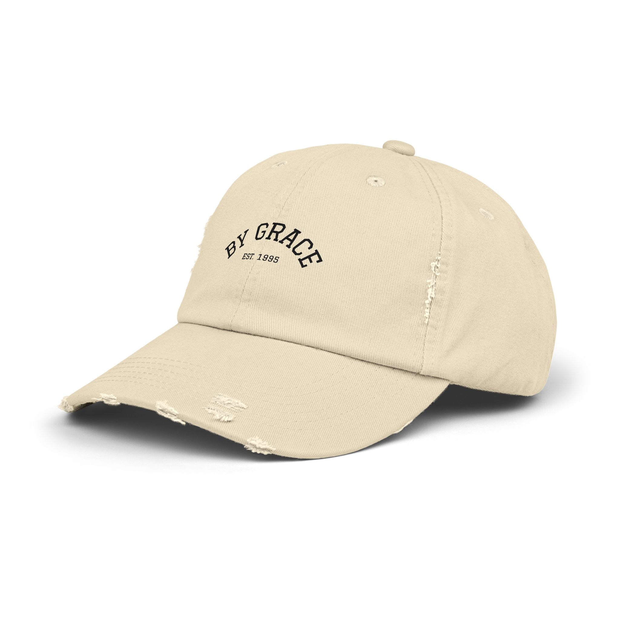 Distressed Baseball Cap — "By Grace" Embroidered Vintage Hat