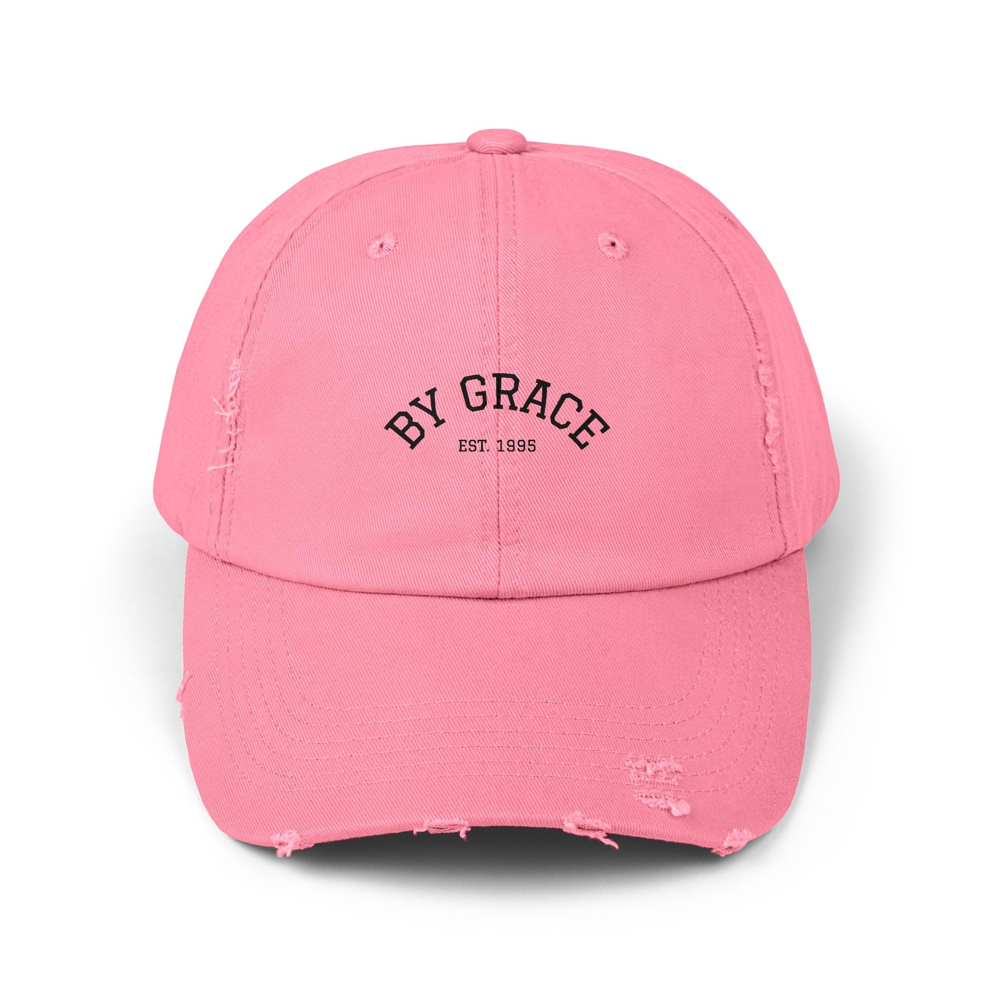 Distressed Baseball Cap — "By Grace" Embroidered Vintage Hat
